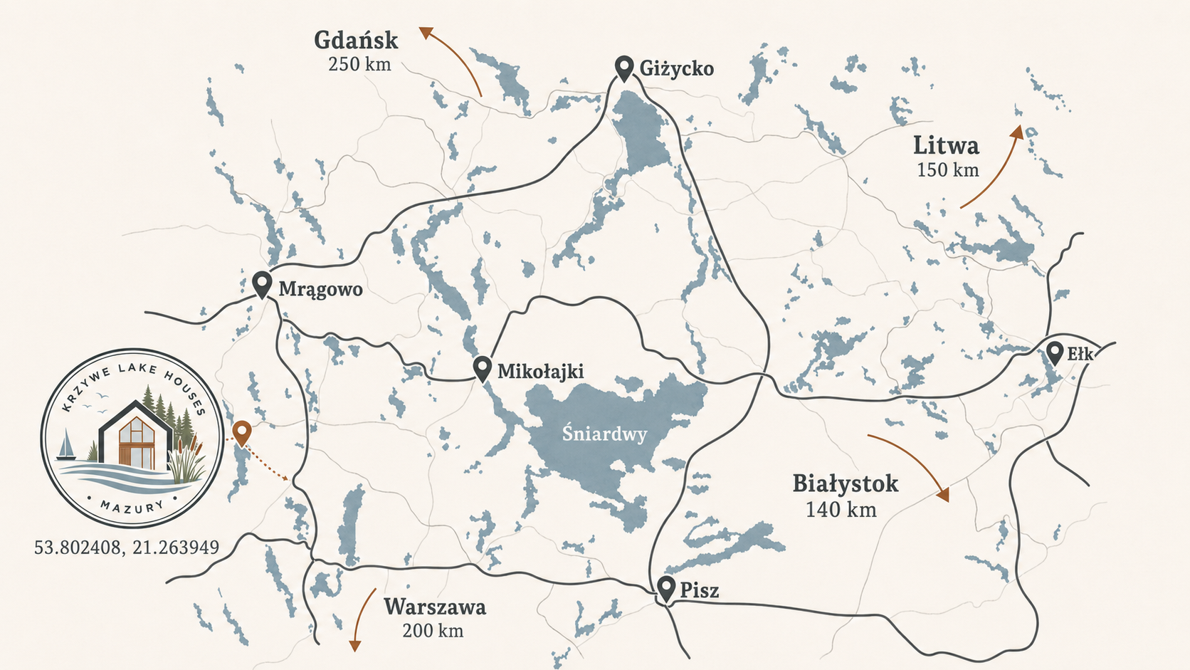 Mapa dojazdu do Krzywe Lake Houses na Mazurach