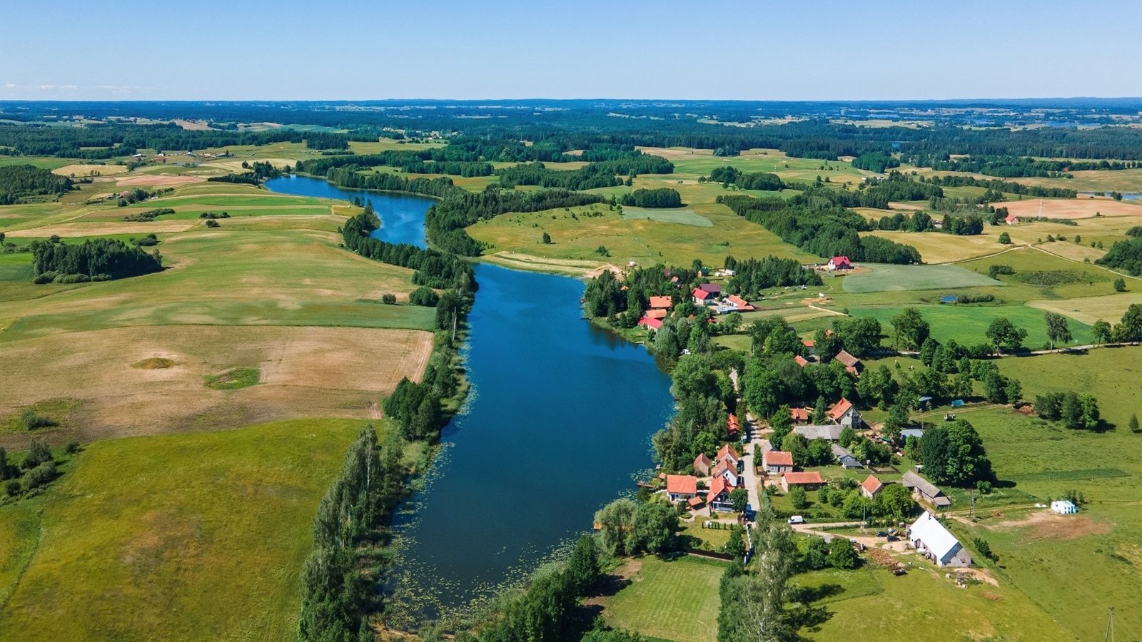 Widok z lotu ptaka na Jezioro Krzywe i wieś Krzywe