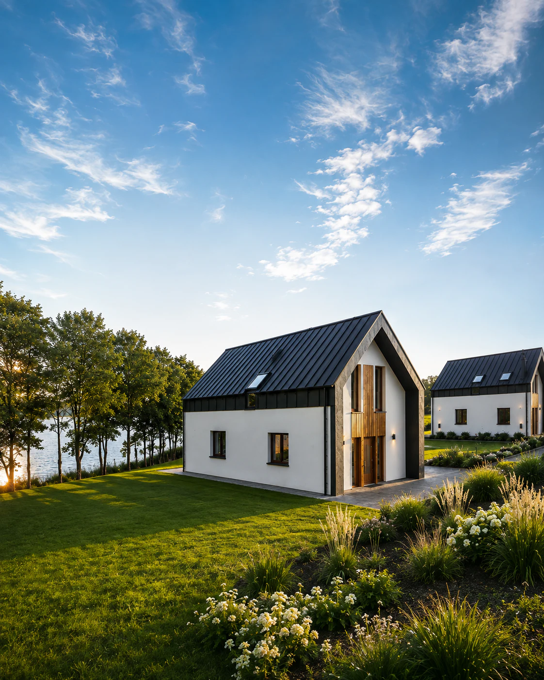 Dwa nowoczesne domy Krzywe Lake Houses pośród ogrodu nad Jeziorem Krzywe